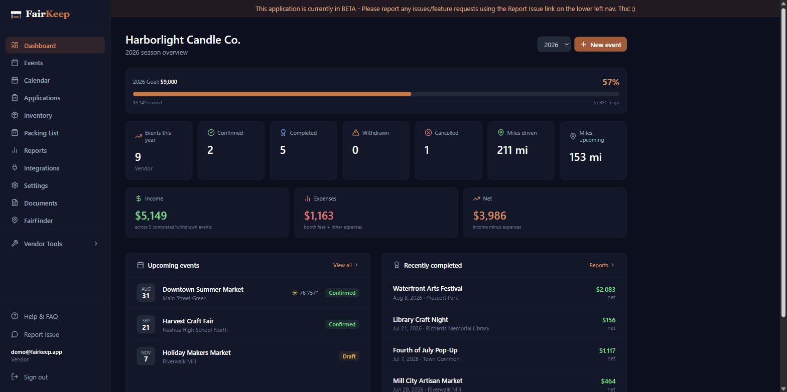 The FairKeep dashboard: season totals, income against an annual goal, upcoming events and recently completed shows