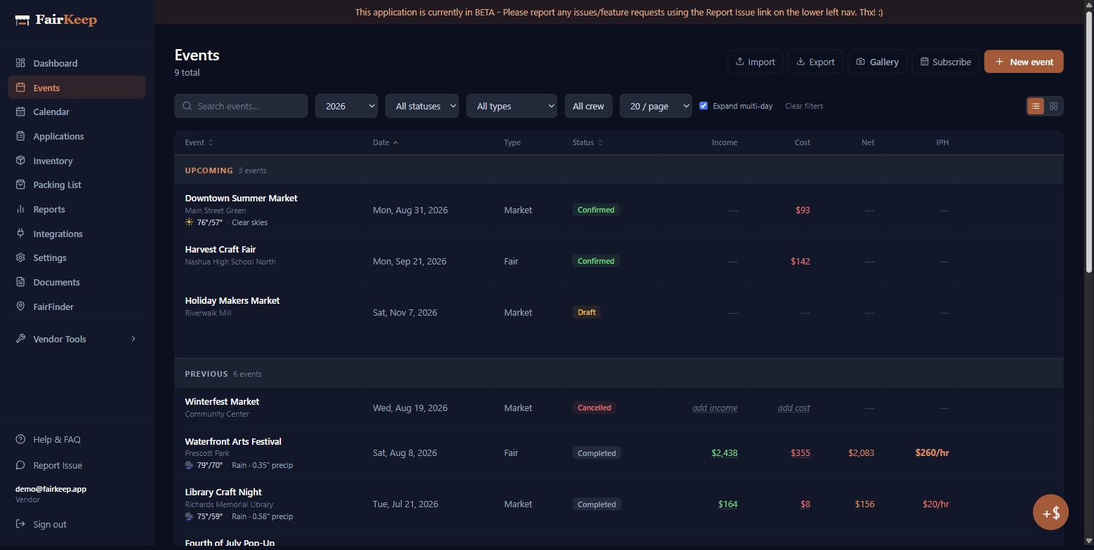 FairKeep events list