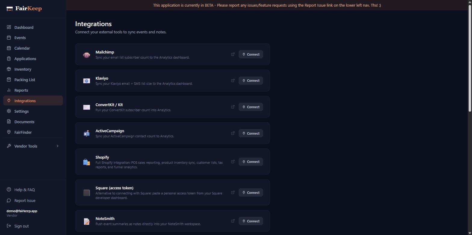 FairKeep integrations page