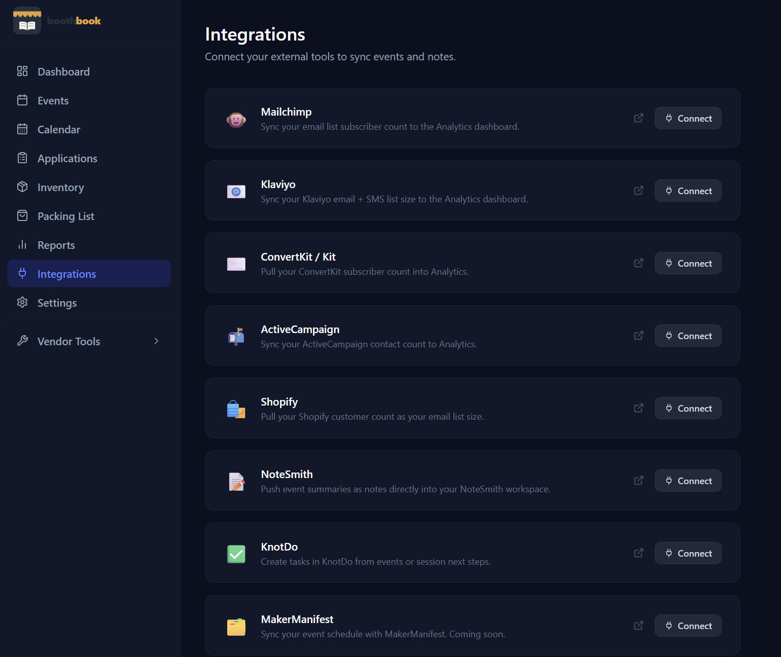 Connect integrations screenshot
