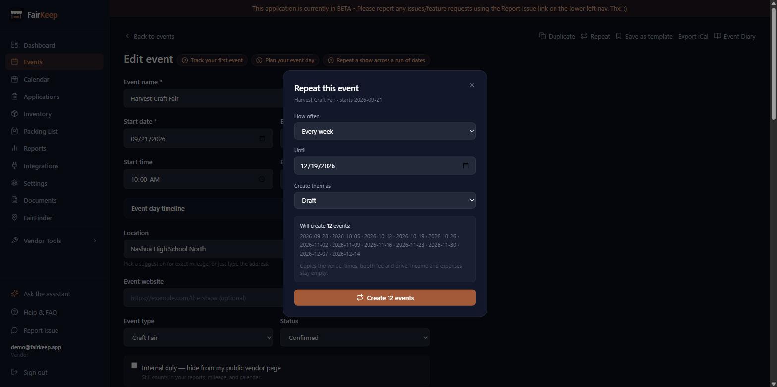 Repeat a show across a run of dates screenshot